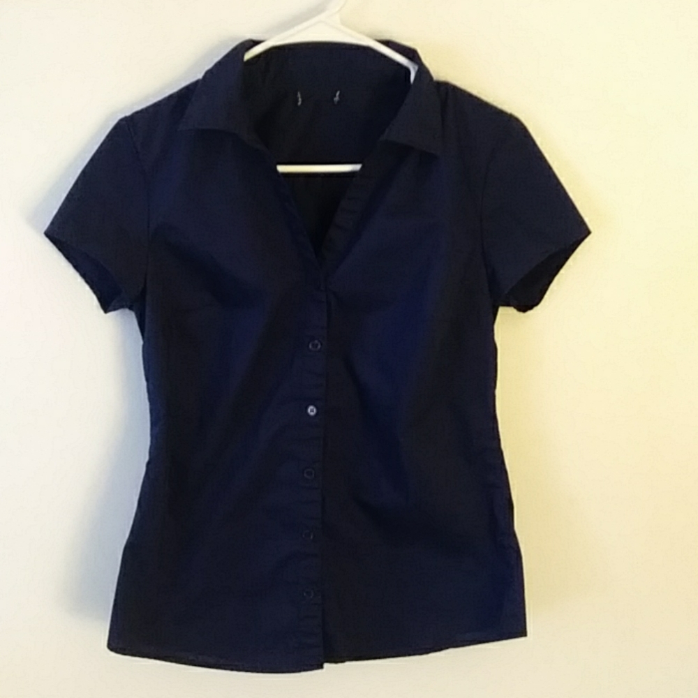 Womens Navy Blue Short Sleeve Pleated Blouse